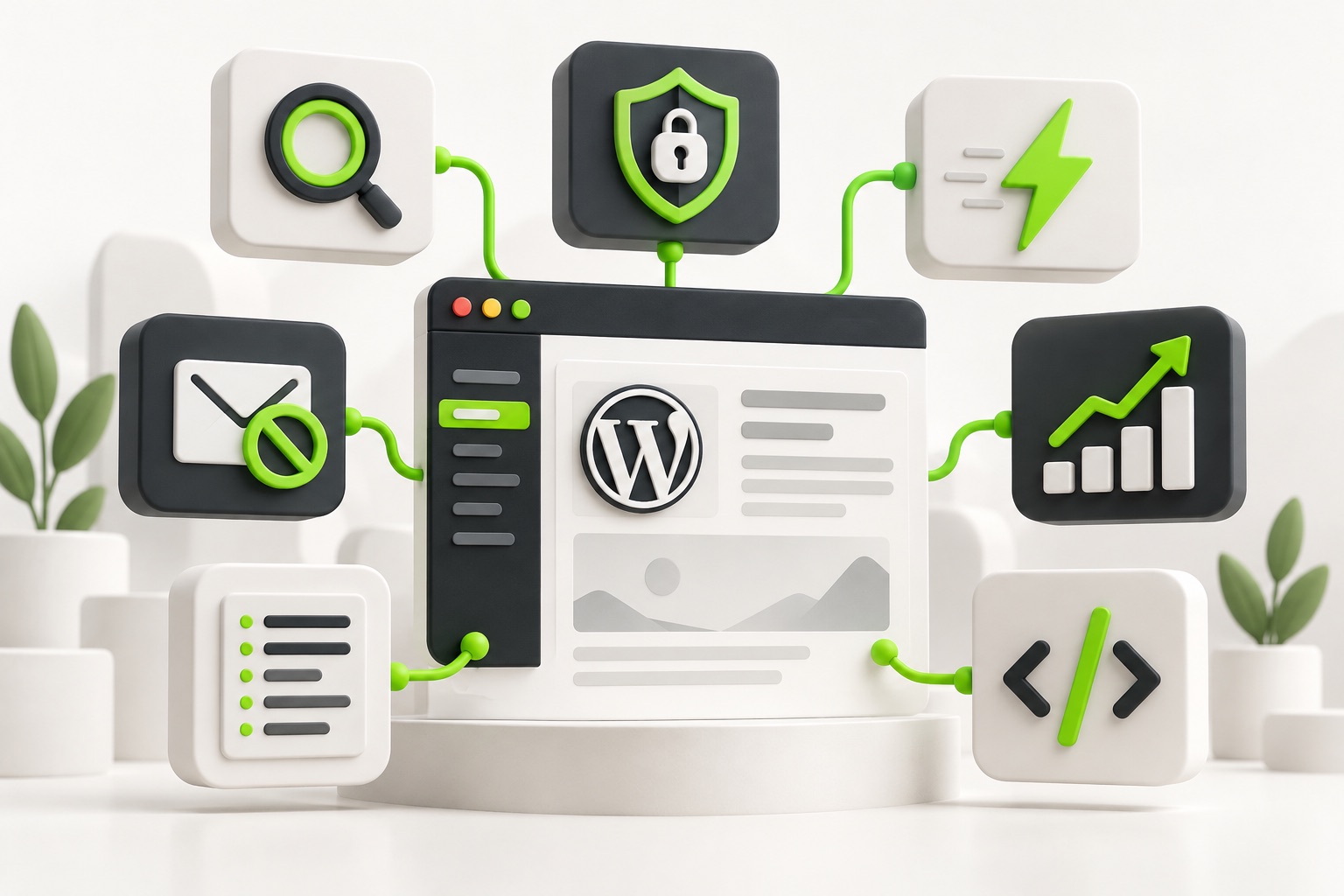 Ilustración de WordPress conectado a siete funciones: SEO, antispam, velocidad, seguridad, analítica, índice y código.